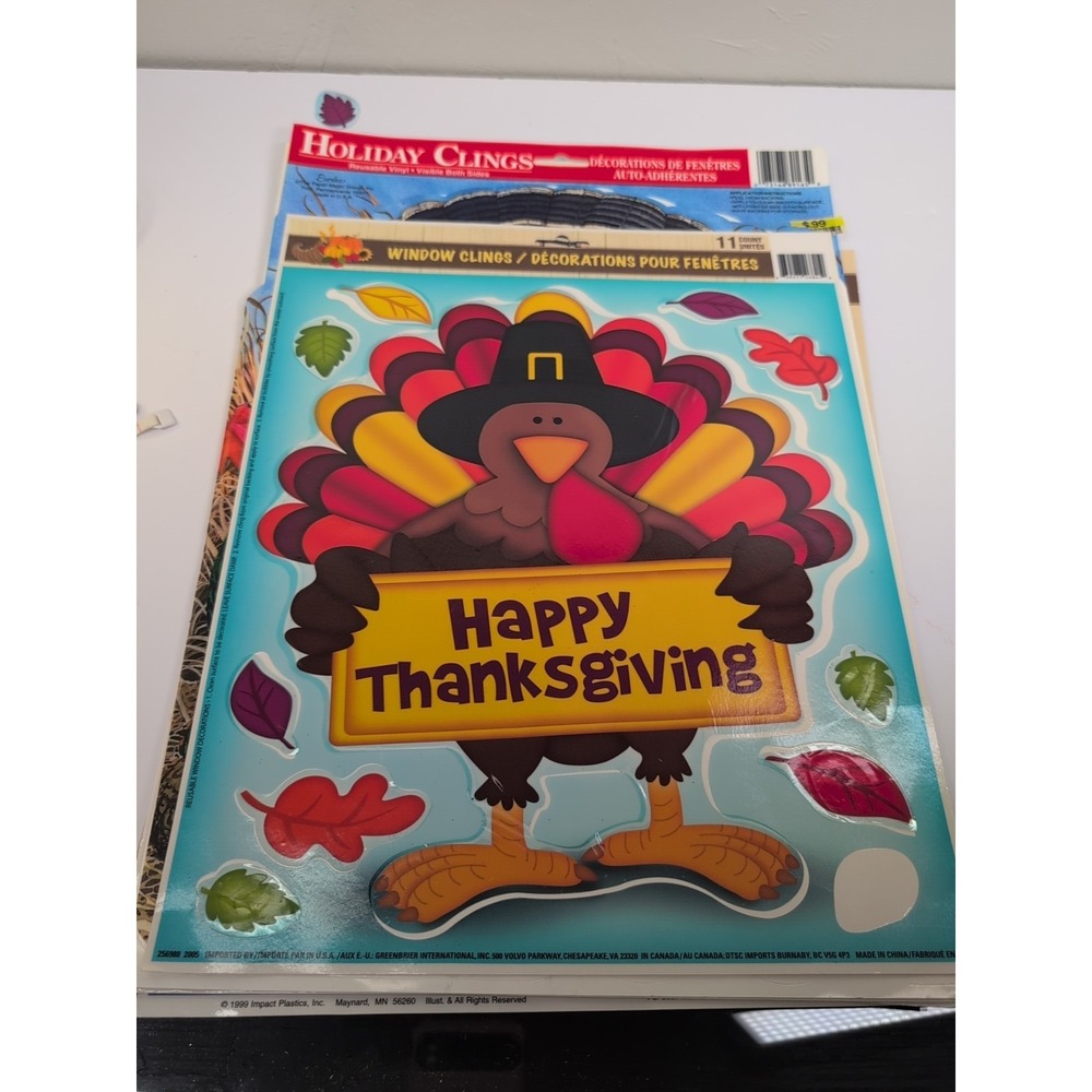 7 Vintage Thanksgiving Window Classic Clings Turkey Pumpkin Fall Autumn USA MADE